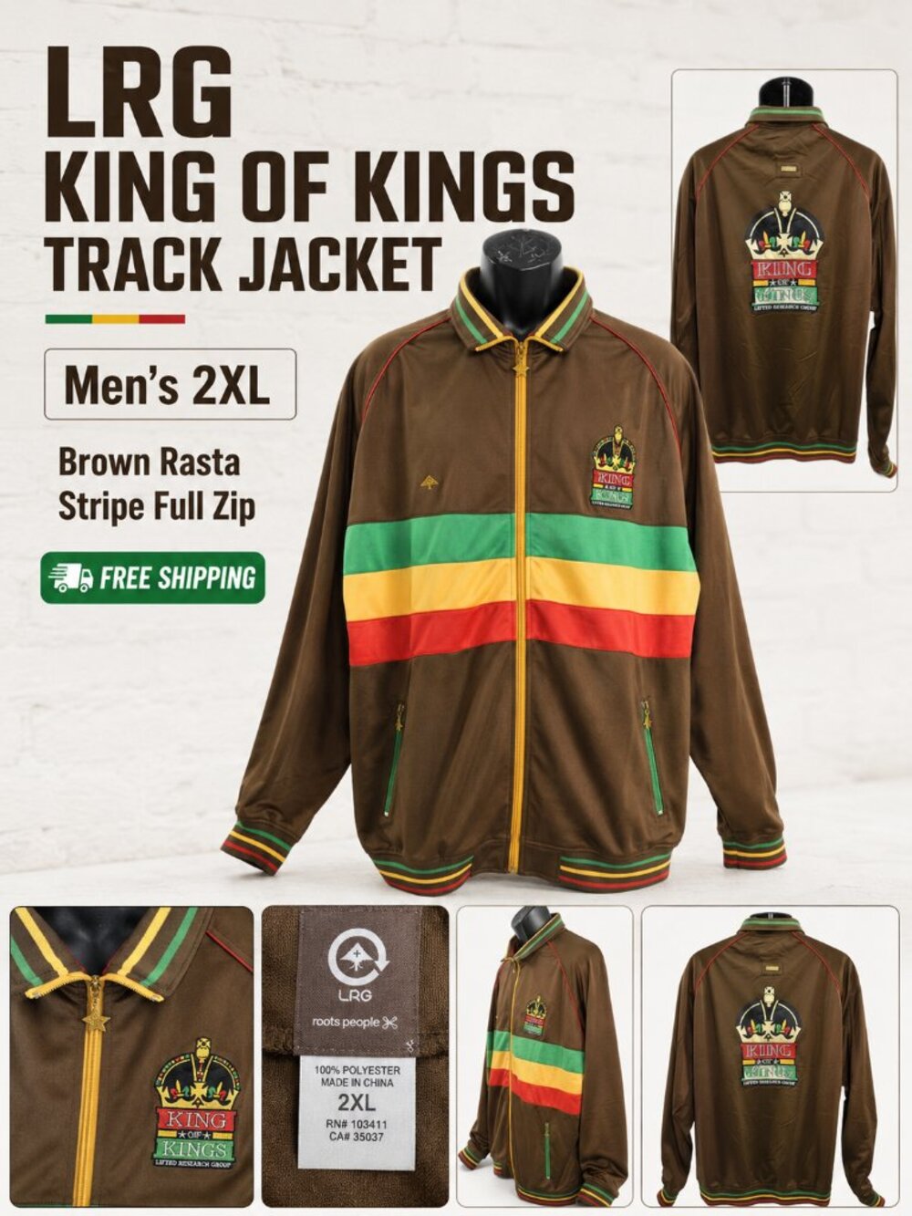 LRG King of Kings Brown Rasta Track Jacket 2XL Full Zip Y2K Streetwear